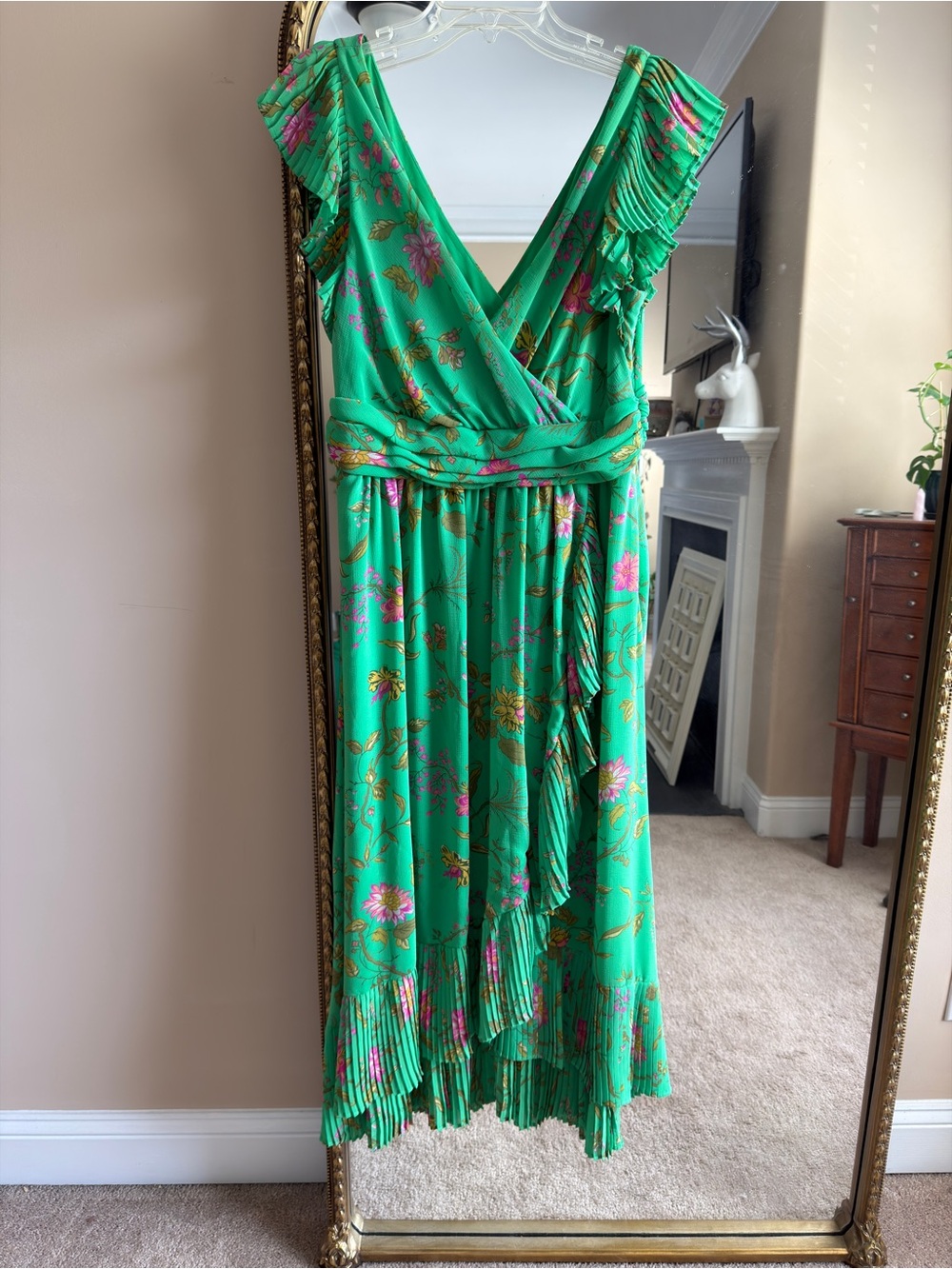 Anthropologie Emerald Green Floral Wrap Midi Dress